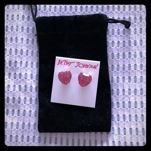 Betsey Johnson Pink Glitter Heart Stud Earrings